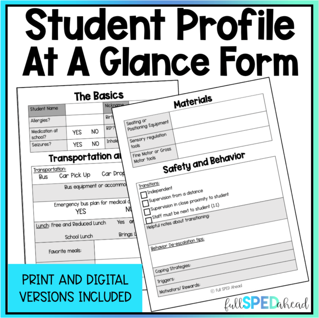 Free Special Education IEP New Student Profile At a Glance Form Back to School